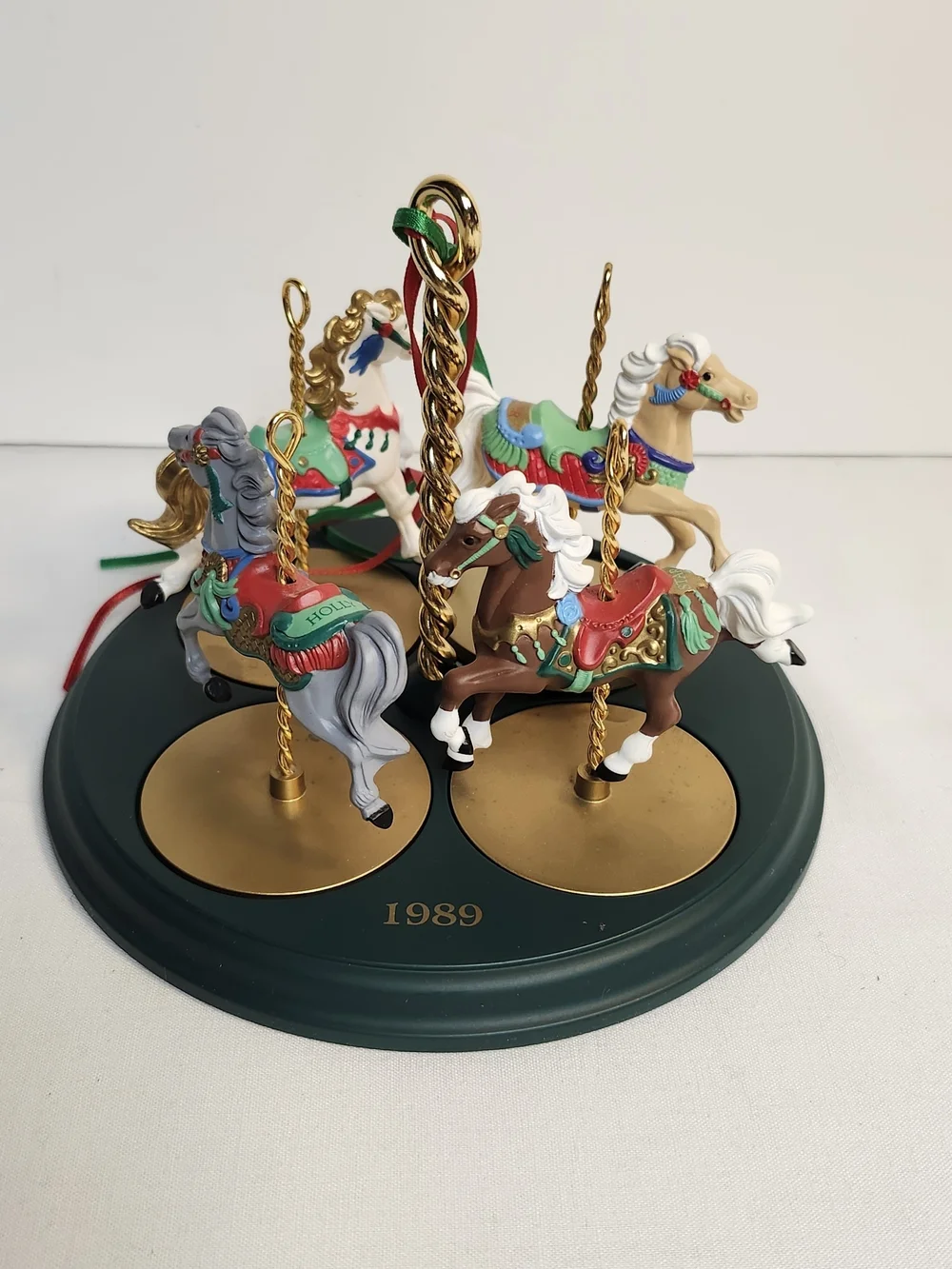 1989 Halmark Holiday Carousel Horse Ornament Set - Green & Multicolor